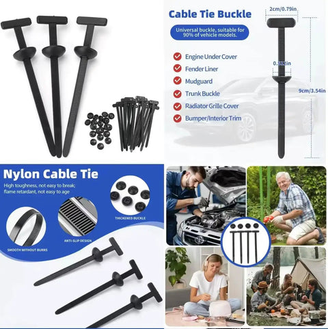 Heavy Duty Nylon Cable Tie Buckle Set For Cars And Auto Maintenance Pin And Button Self Locking Zip Ties with usage illustrations