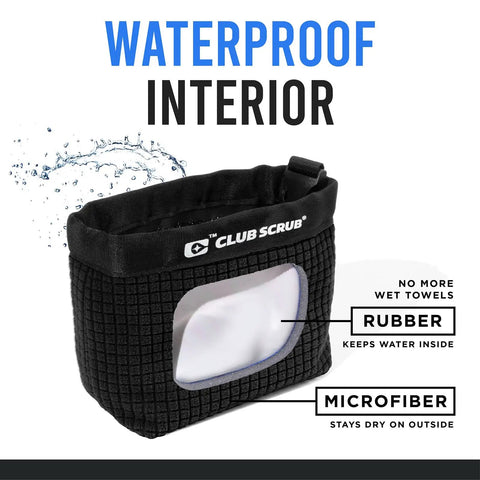 Golf Club And Ball Cleaning Bag With Waterproof Liner And Clean Face Technology in black, showing microfiber exterior and rubber interior.