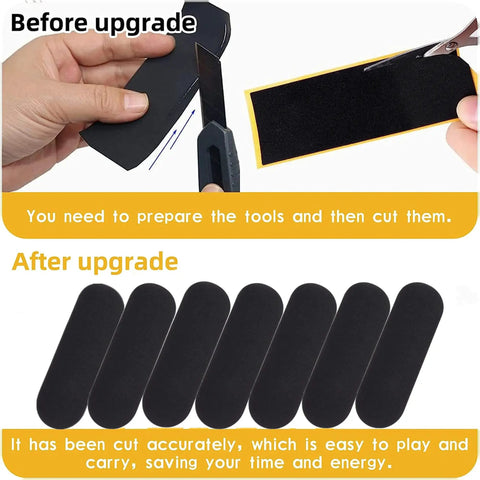 Before and after view of 10 Pack Fingerboard Grip Tape For Pro Wooden Mini Skateboards 33mm By 98mm with easy installation.