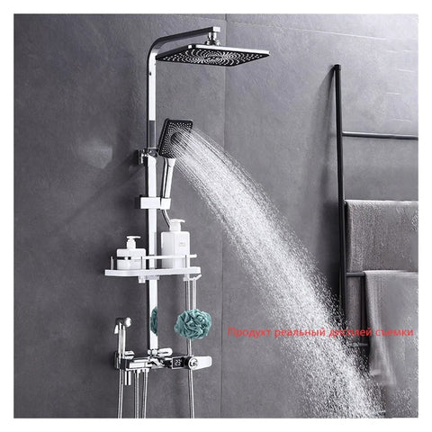 RIBEUJIZS Digital Shower System, Brass Thermostatic Digital Display Shower Faucet Set Black, Wall Mount with overhead rain shower.