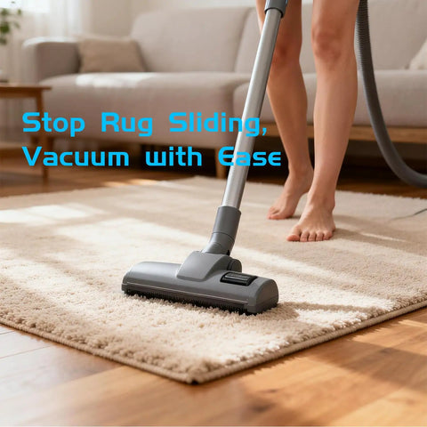 Woman vacuuming carpet with Eight Pack Triangle Rug Tape Non Slip Double Sided Grippers For Rugs No Residue No Damage Anti Curling