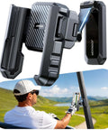 Double Fold Golf Cart Phone Holder Mount With 1 Second Lock Release Magnetic Caddy shown in use on a golf cart