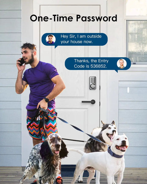 Man with dogs near door using keypad door lock with 20 access codes and one-time use code for easy keyless entry.