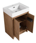 HAOCHRYSYPH Bathroom Resin Sink, Gloss White, 23.60 L x 18.10 W x 4.70 H in. with wooden vanity, storage compartments visible.