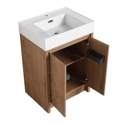 HAOCHRYSYPH Bathroom Resin Sink, Gloss White, 23.60 L x 18.10 W x 4.70 H in. with wooden vanity, storage compartments visible.