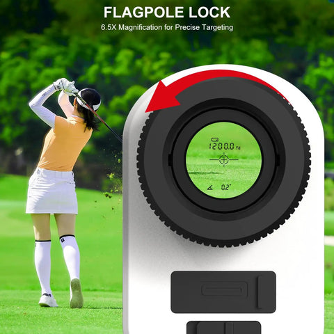 Golfer using High Precision Golf Rangefinder With Slope, Flag Lock, And Vibe Feedback, 6.5X Magnification, 1200 Yard Range, Rechargeable Battery