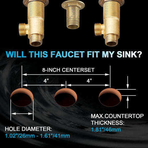 Diagram showing installation specs for Chrome Bathroom Sink Faucet With 3 Holes And 2 Handles Crystal Knobs High Arc