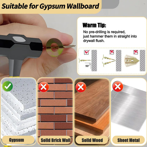 Illustration showing installation tips for 80 Piece Self Drilling Drywall Anchors And Screws Kit with gypsum wall compatibility.