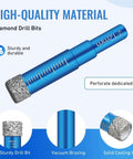 Side view of Amazon 6-piece diamond drill bit set for porcelain, ceramic, glass and tile; blue anodized barrel with scale marks.