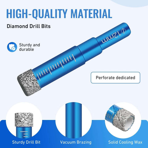 Side view of Amazon 6-piece diamond drill bit set for porcelain, ceramic, glass and tile; blue anodized barrel with scale marks.