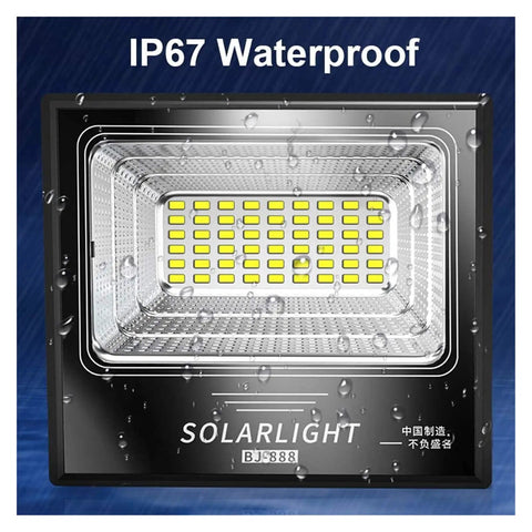Top Shelf Led Solar Flood Light With Remote Control And Dusk To Dawn Auto Sensor IP67 Waterproof Wireless bright light with droplets.