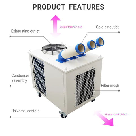 Heavy Duty Industrial Spot Cooler 29800 Btu Portable Ac Unit 220 Volt factory setup showing exhaust and cold air outlets.