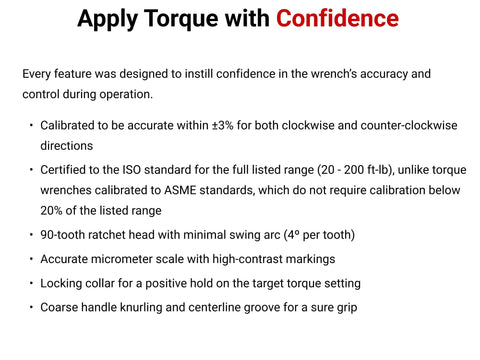 Quarter Inch Drive 90 Tooth Dual Direction Micrometer Torque Wrench 20 to 200 Inch Pounds ISO Standard Calibration Accurate Reads Pro Grade Performance features list