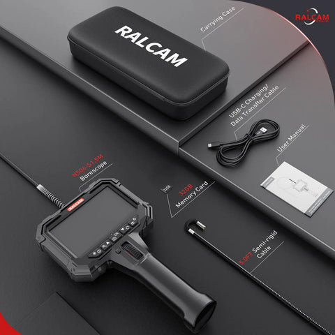 Two Way Articulating Borescope Inspection Camera With Crisp Screen And Precision Zoom For Street Smart Mechanics Hvac Techs And Garage Crews To Roll Up Their Sleeves And Snag Hidden Damage In Pipes Or Tight Spots Without Breaking A Sweat, displayed with accessories including a carrying case and USB cable.