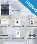 Package contents of Money Counter Machine For Business With Mixed Denomination And Multi Currency Counting Value Counting Auto Recognition CIS UV MG IR Counterfeit Detection Bill Counter Batch And Accumulation Modes Pro Grade Readout And Quick Verification