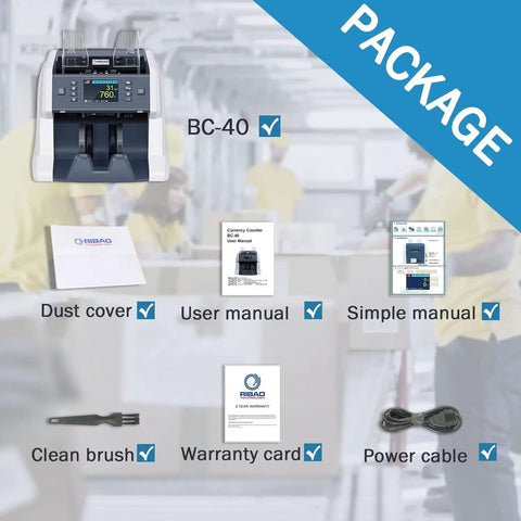 Package contents of Money Counter Machine For Business With Mixed Denomination And Multi Currency Counting Value Counting Auto Recognition CIS UV MG IR Counterfeit Detection Bill Counter Batch And Accumulation Modes Pro Grade Readout And Quick Verification