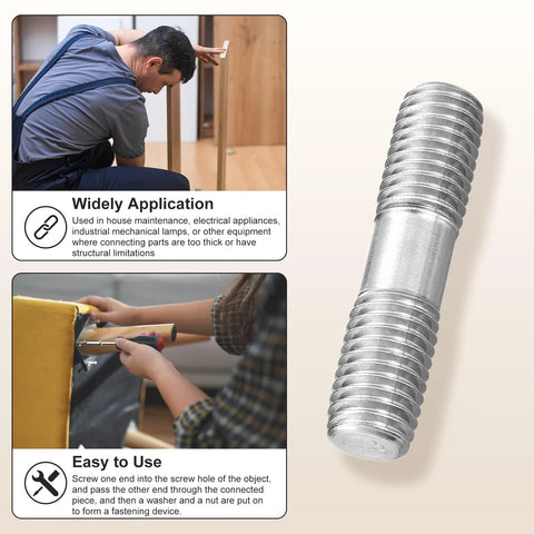 3-pack M8x40mm double-ended threaded studs, 304 stainless steel, silver; close-up view