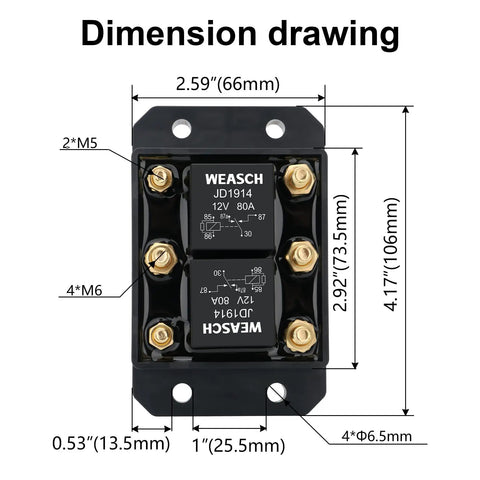 Beefy 12V Forward And Reverse Relay Module With Six Terminals For Tarpaulin Systems Winches Hoists And Snow Plows Replaces 5541100 ATP0110 High Current Reversing Motor Control Up To 80A Intermittent And 50A Continuous, dimension drawing with 66mm width