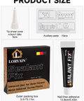 Packaging and size details of the Sealant Fix kit, showing tip smear cover, auxiliary paste, outer box, and adhesive tube.
