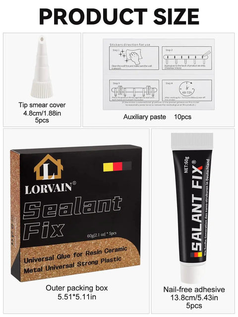 Packaging and size details of the Sealant Fix kit, showing tip smear cover, auxiliary paste, outer box, and adhesive tube.