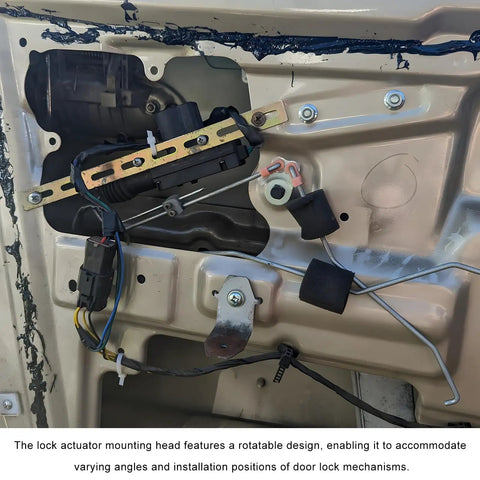 Close-up of 12V car door lock actuator installed, part of 2 Pack Car Power Door Lock Actuators 12V 2 Wire Central Locking System Kit.