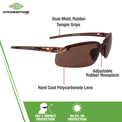 Es5 Polarized Safety Glasses With High Definition Brown Lens And Crystal Brown Frame, Rubber Nosepiece Built For All Day Comfort, Dual Mold Temple Grips, Scratch Resistant Polycarbonate Lens, 99.9 UVA UVB Protection, ANSI Z87.1 Compliant shown with temple grips and nosepiece details