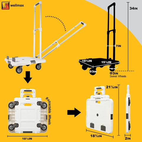 Diagram of Rolling Cart With Wheels Foldable Utility Crate Adjustable Handle Silent Rolling Design 132 Lb Load Capacity
