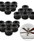 Rock Solid Half Inch Rubber Grommet Kit For Ceiling Fan Blades Anti Vibration Bushings, eighteen black rubber bushings displayed.