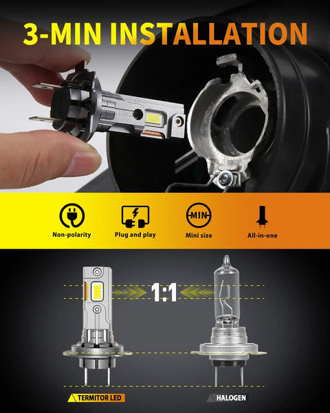 3-min installation of H7 Fog Light Bulbs Pack of 2, Crazy Bright 40,000LM, 6500K Cool White, side-by-side with halogen bulb