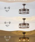 Lighting effect display of Metnaour 20 Inch Fandelier Caged Ceiling Fan with Lights and Remote, Rustic Farmhouse Bladeless ceiling fan.