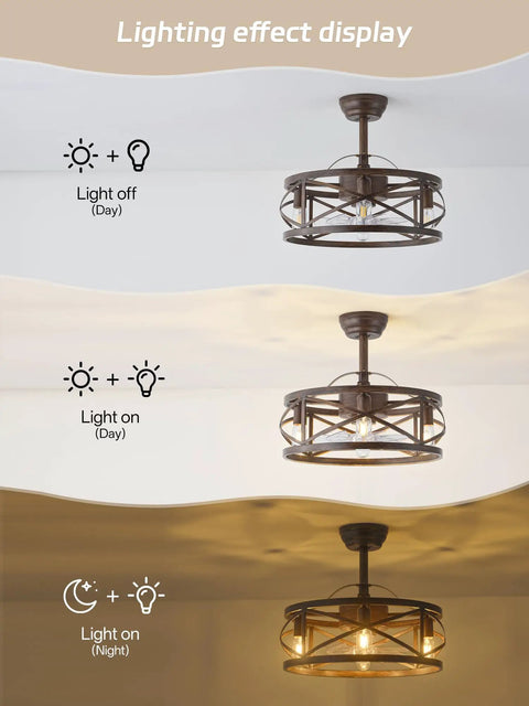 Lighting effect display of Metnaour 20 Inch Fandelier Caged Ceiling Fan with Lights and Remote, Rustic Farmhouse Bladeless ceiling fan.