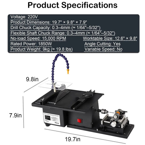 Image of 5 In One Lapidary Machine With 1850W Motor And 180mm Diamond Blade, black color, showing dimensions and details.