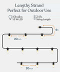 Ambience Pro USB Powered Outdoor String Lights 24 Ft Waterproof Shatterproof Patio Vibes Lighting For Backyard Camping Porch Holiday Decor Warm White 1W 12 Bulbs diagram showing light spacing and length