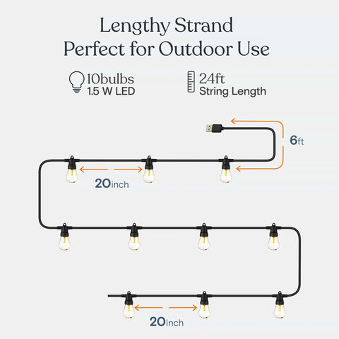Ambience Pro USB Powered Outdoor String Lights 24 Ft Waterproof Shatterproof Patio Vibes Lighting For Backyard Camping Porch Holiday Decor Warm White 1W 12 Bulbs diagram showing light spacing and length
