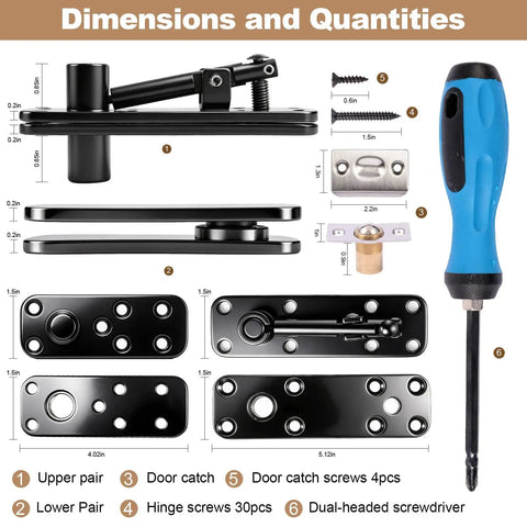 Dimensions of Heavy Hitter Hidden Door Pivot Hinge with Slick 360 Degree Rotation stainless steel hardware kit.