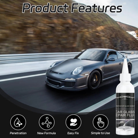 Windshield Chip And Crack Repair Kit With 30ml Resin For Quick Fix Of Chips, Cracks, Stars And Spider Cracks, Fast Glass Repair Liquid For Cars with image of sports car and repair fluid bottle