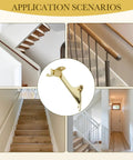 Straight Up Heavy Duty Bright Brass Handrail Brackets For Indoor Staircase Built Different Zinc Alloy Wall Mount Support Rustproof Corrosion Resistant Hardware 3 Pack displayed in various staircase applications.
