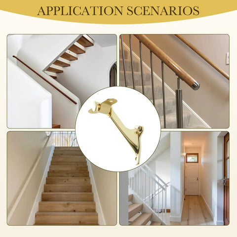 Straight Up Heavy Duty Bright Brass Handrail Brackets For Indoor Staircase Built Different Zinc Alloy Wall Mount Support Rustproof Corrosion Resistant Hardware 3 Pack displayed in various staircase applications.