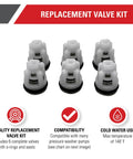 Front view of six white replacement valve bodies with black O-rings for pressure washer pumps