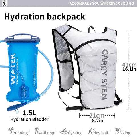 Ultra Lightweight Hydration Backpack For Women With 1.5L Water Bag No Bounce Running Vest in white design with dimensions