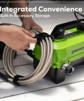 Person securing hose onto Ultra Compact 1700 PSI 1.2 GPM Pressure Washer For Quick No Fuss Home Cleaning And Patio Care