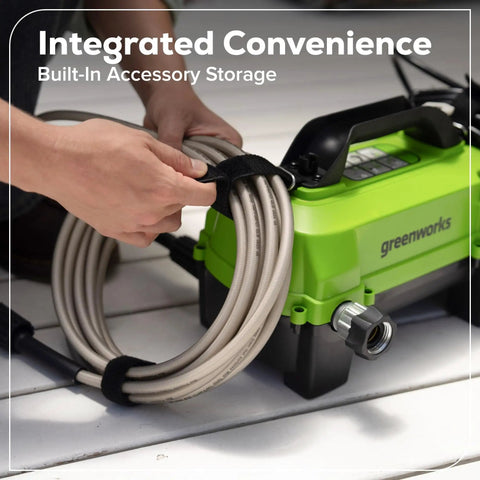 Person securing hose onto Ultra Compact 1700 PSI 1.2 GPM Pressure Washer For Quick No Fuss Home Cleaning And Patio Care