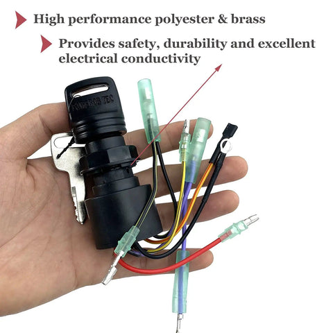 Boat Ignition Switch With Key Replacement For Mercury Mariner Outboard Motors held in hand, showing dual keys and 6-wire control box