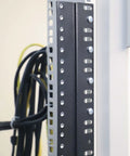 Heavy Duty 5U Rack Converter Adapter Fits 23 Inch To 19 Inch Server Cabinet Rack Mount showing mounted black steel spacer with cables.
