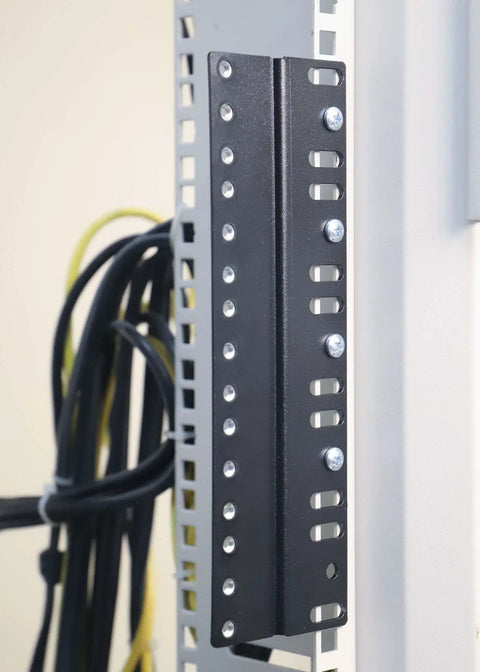 Heavy Duty 5U Rack Converter Adapter Fits 23 Inch To 19 Inch Server Cabinet Rack Mount showing mounted black steel spacer with cables.