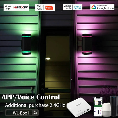 Outdoor Wall Light With RGB Color Changing And Warm White, 1000lm, RGB-CCT, Dual Pack GU10 Smart Bulbs on house wall
