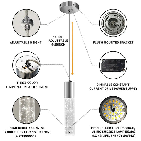 Upgrade Your Kitchen Or Bar With These Slick Chrome Led Bubble Crystal Pendant Lights Featuring Simple 3Cct Color Switches And Timeless Modern Designs Solid 3 Pack Gear For Effortless Ambient Glow showing adjustable height and color temperature features.