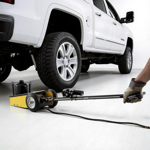 22 Ton Workhorse Air Hydraulic Floor Jack For SUVs And Trucks Heavy Duty Steel Pneumatic Lift With Quick Lift Pump Extension Posts And Rugged Racing Style Design For Easy Lifts And Heavy Vehicle Service under white truck