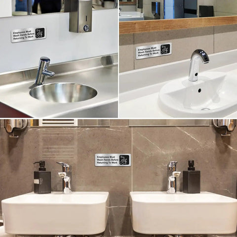 Collage of Employees Must Wash Hands Before Returning to Work Sign, 4 Pack, rust-free brushed aluminum near sinks in restrooms.