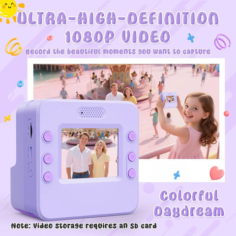 Purple kids camera with instant print and flip lens, 1080P HD video display, girl using camera, image of family on screen.
